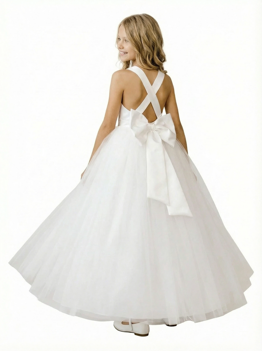 Gorgeous Flower Girl Dress V-Neck Sleeveless Ballgown Floor-Length Tulle & Satin Gown with Waist Bow Accent