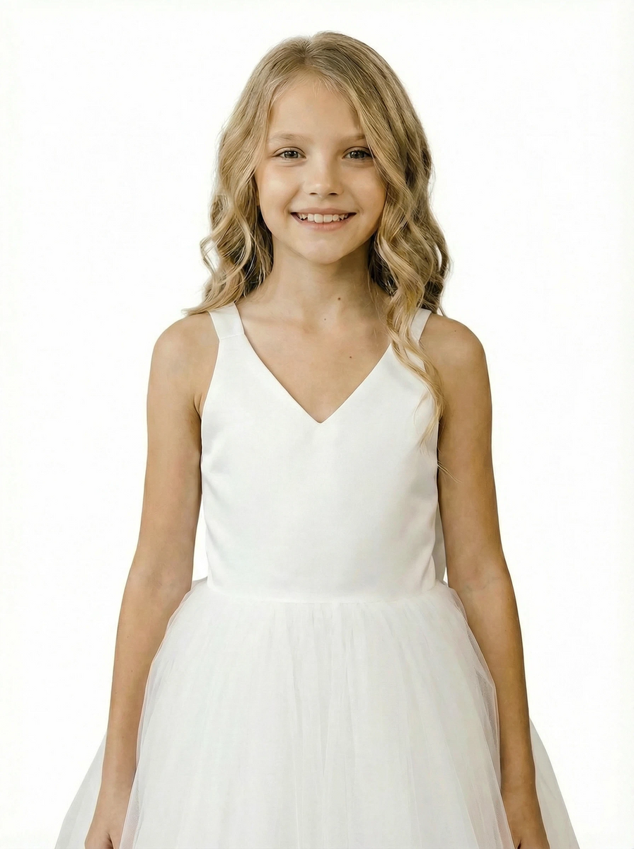 Gorgeous Flower Girl Dress V-Neck Sleeveless Ballgown Floor-Length Tulle & Satin Gown with Waist Bow Accent