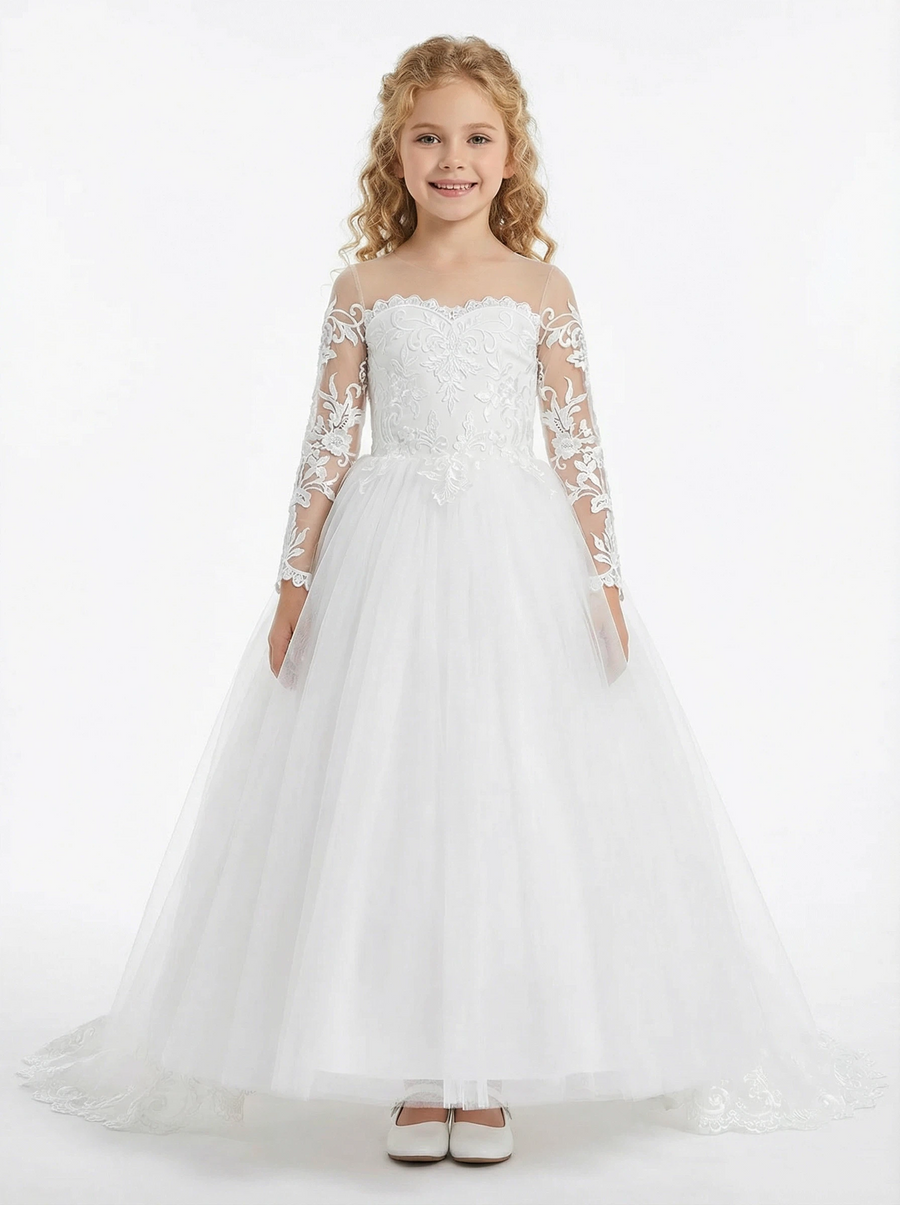 Elegant Long-Sleeve Illusion-Neck Flower Girl Gown Tulle Dress Button Back Lace Detailing for Weddings & Special Occasions