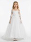 Elegant Long-Sleeve Illusion-Neck Flower Girl Gown Tulle Dress Button Back Lace Detailing for Weddings & Special Occasions