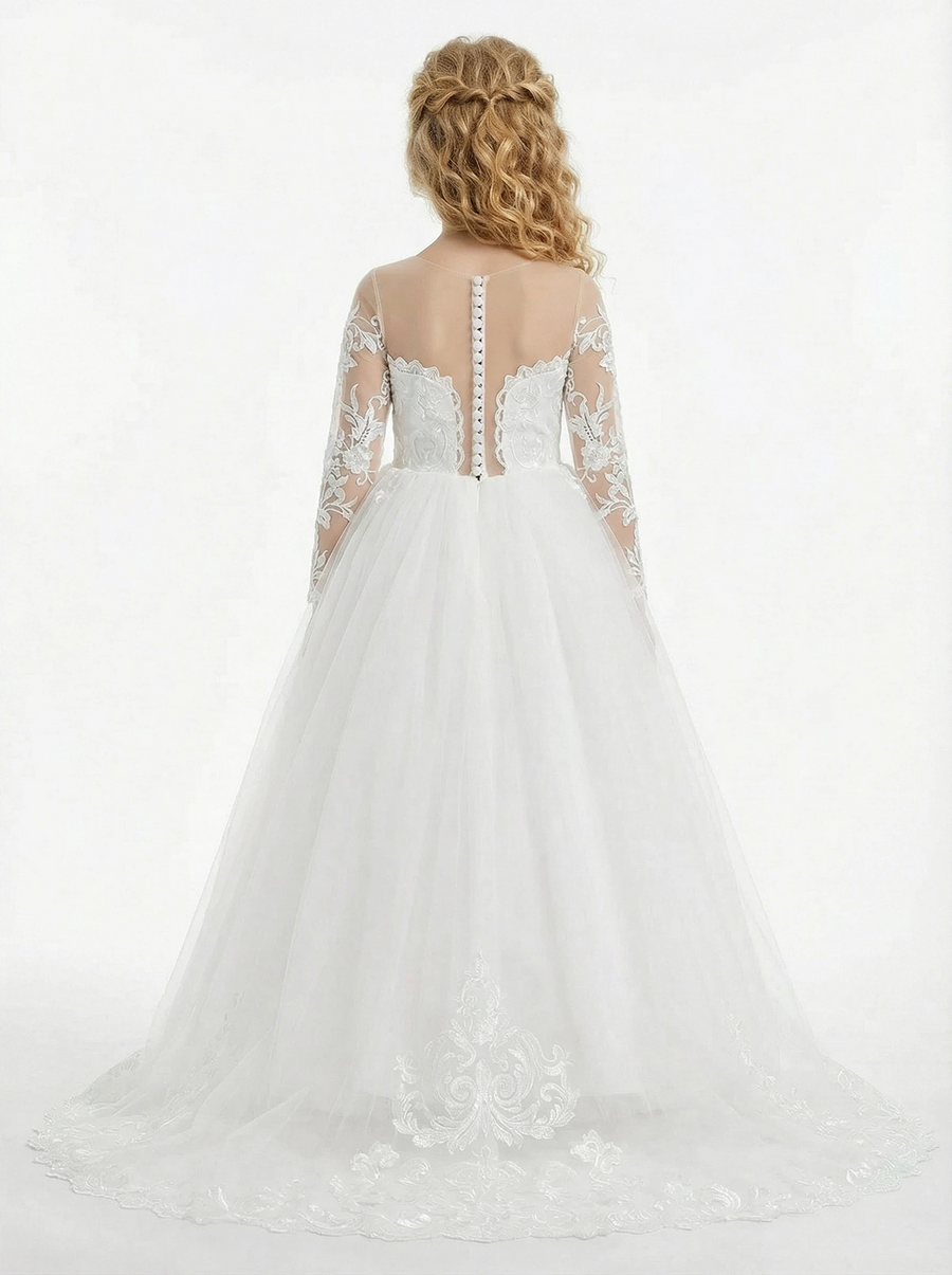Elegant Long-Sleeve Illusion-Neck Flower Girl Gown Tulle Dress Button Back Lace Detailing for Weddings & Special Occasions