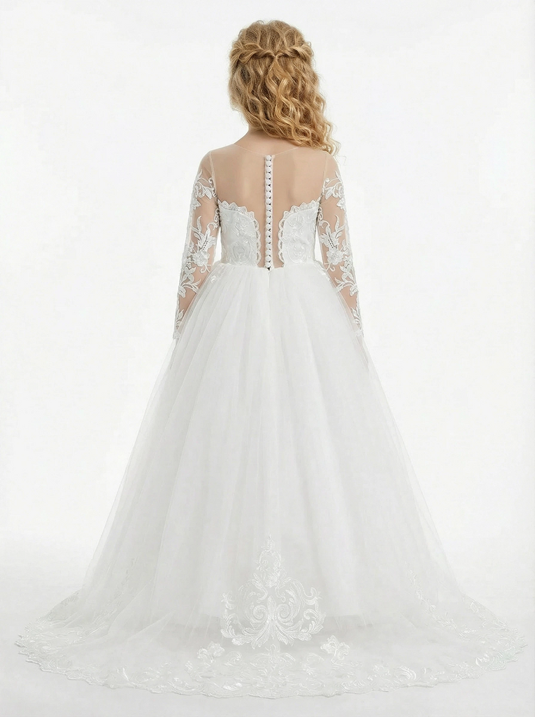 Elegant Long-Sleeve Illusion-Neck Flower Girl Gown Tulle Dress Button Back Lace Detailing for Weddings & Special Occasions