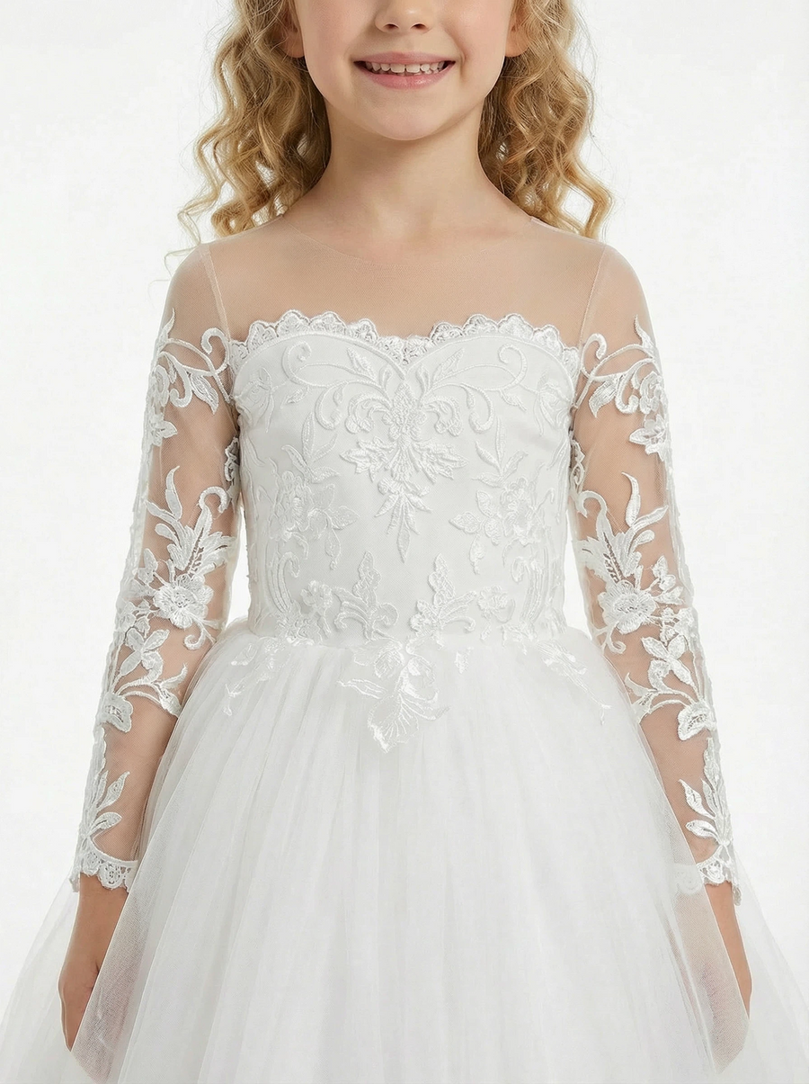 Elegant Long-Sleeve Illusion-Neck Flower Girl Gown Tulle Dress Button Back Lace Detailing for Weddings & Special Occasions