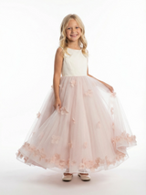 Sleeveless Flower Girl Dress A-Line Floor-Length Tulle Gown with 3D Floral Appliqués & Ruched Waist for Weddings & Formal Events