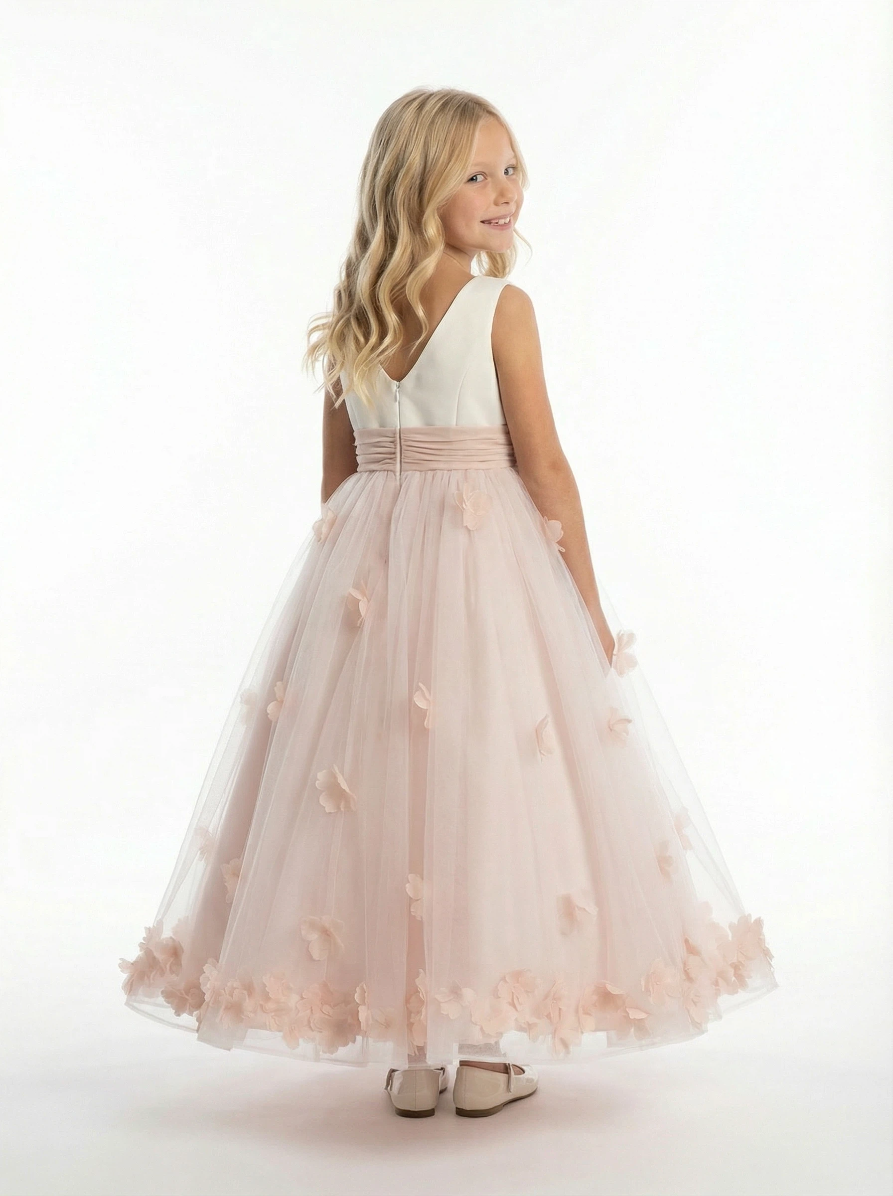 Sleeveless Flower Girl Dress A-Line Floor-Length Tulle Gown with 3D Floral Appliqués & Ruched Waist for Weddings & Formal Events