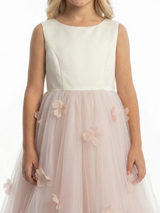 Sleeveless Flower Girl Dress A-Line Floor-Length Tulle Gown with 3D Floral Appliqués & Ruched Waist for Weddings & Formal Events