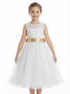 Sleeveless Flower Girl Dress A-Line Tulle Gown with Lace Overlay Keyhole Back & Oversized Bow Accent for Special Celebrations