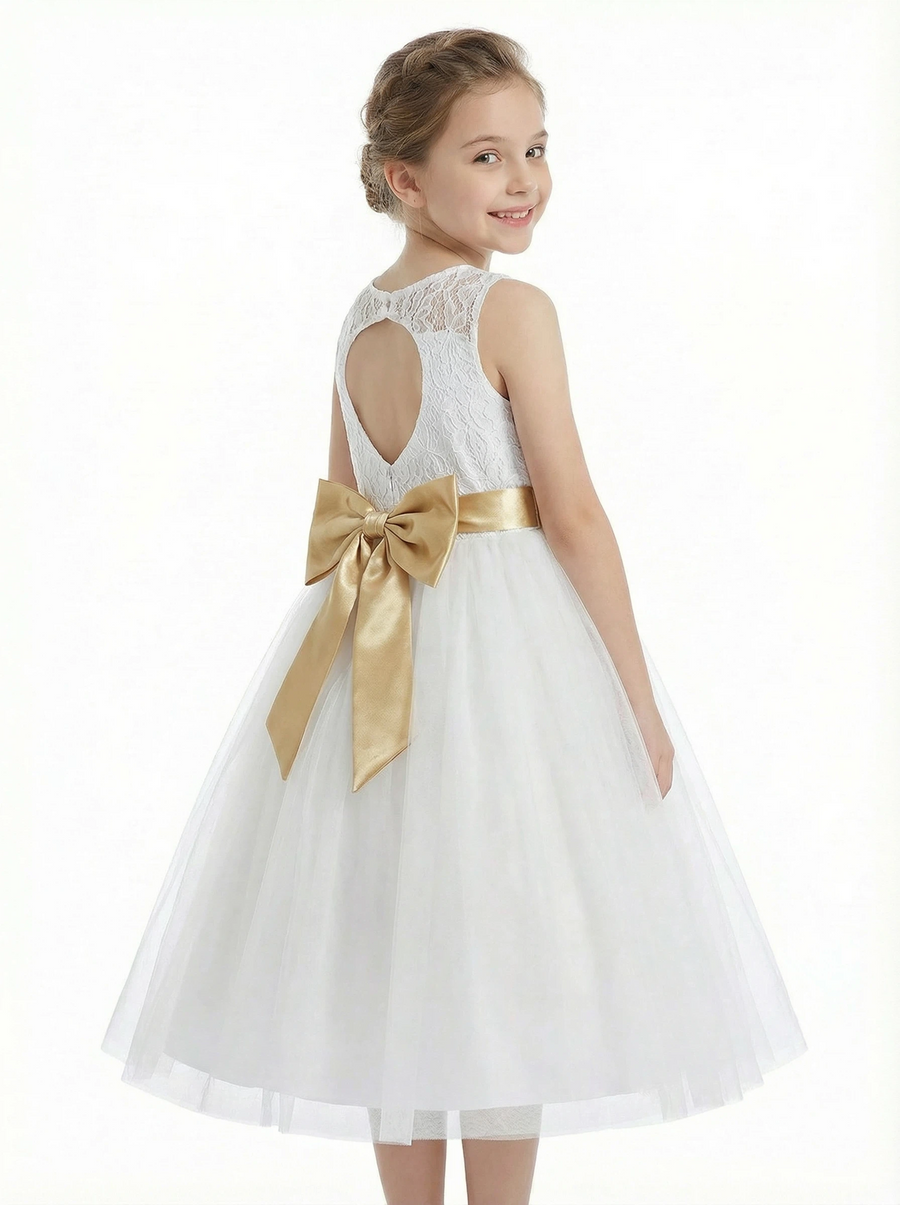 Sleeveless Flower Girl Dress A-Line Tulle Gown with Lace Overlay Keyhole Back & Oversized Bow Accent for Special Celebrations