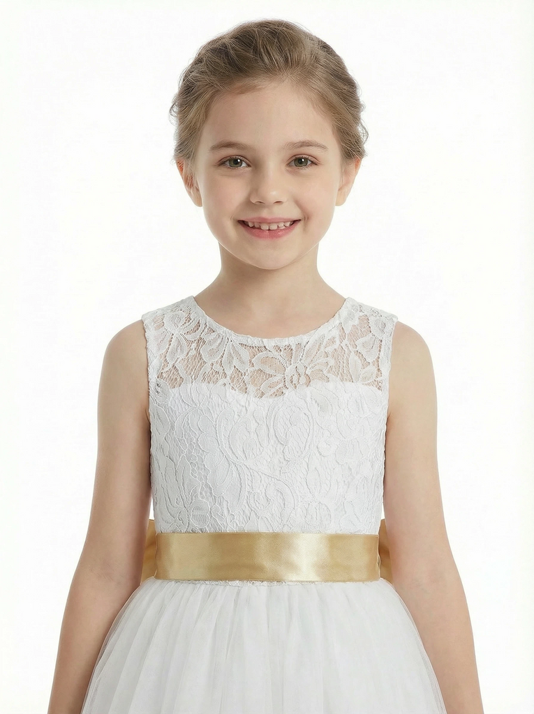 Sleeveless Flower Girl Dress A-Line Tulle Gown with Lace Overlay Keyhole Back & Oversized Bow Accent for Special Celebrations