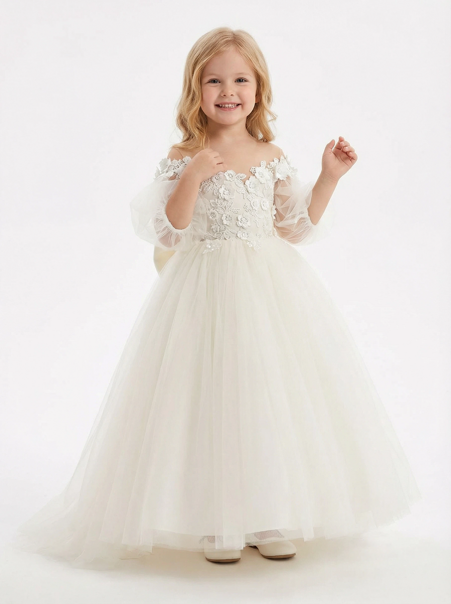 Off-the-Shoulder Puff-Sleeve Flower Girl Gown Floor-Length A-Line Tulle Dress with 3D Lace Appliqués Oversized Bow & Train for Wedding Ceremonies