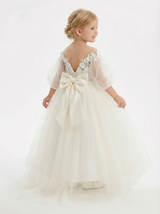 Off-the-Shoulder Puff-Sleeve Flower Girl Gown Floor-Length A-Line Tulle Dress with 3D Lace Appliqués Oversized Bow & Train for Wedding Ceremonies