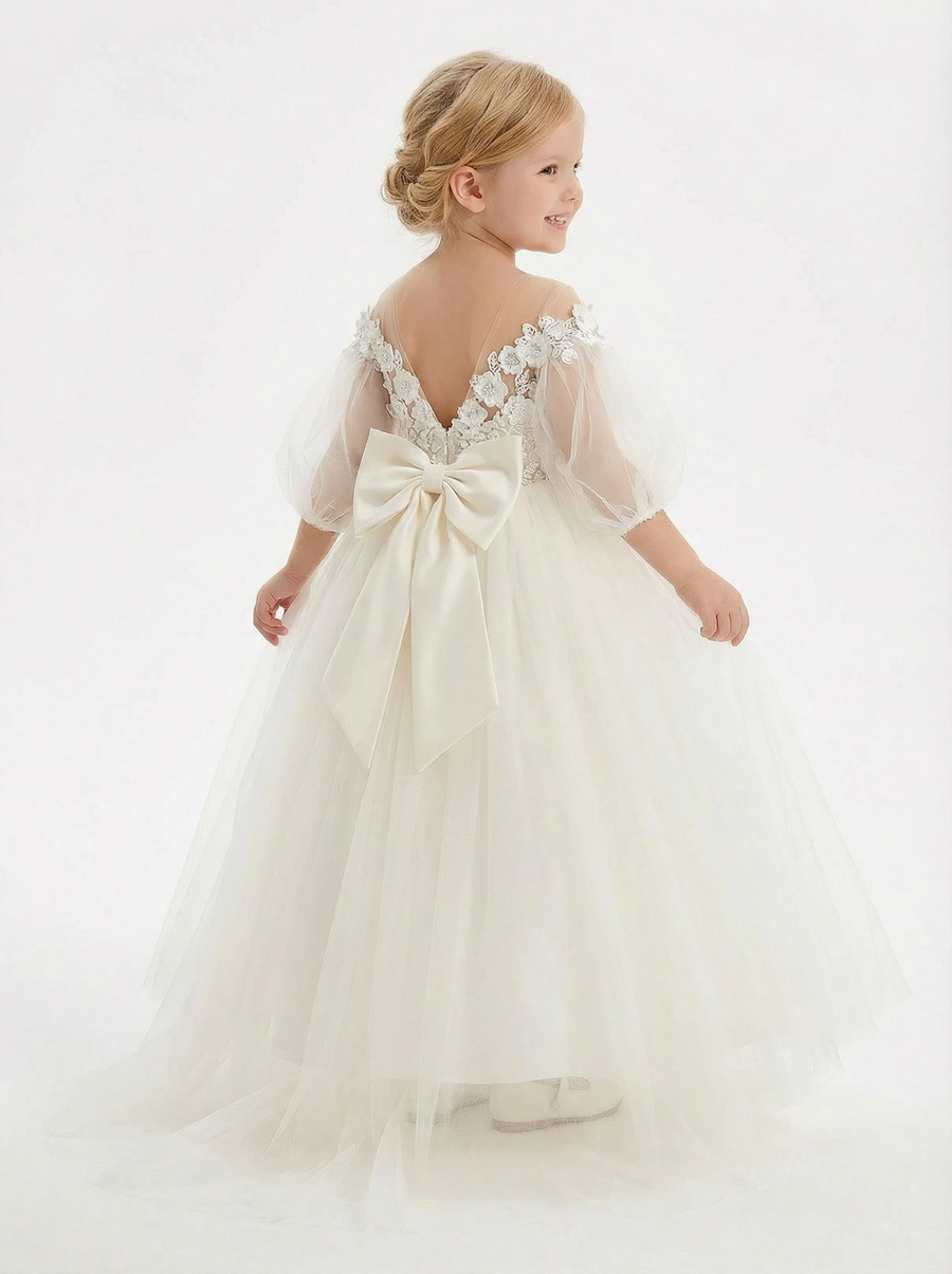 Off-the-Shoulder Puff-Sleeve Flower Girl Gown Floor-Length A-Line Tulle Dress with 3D Lace Appliqués Oversized Bow & Train for Wedding Ceremonies