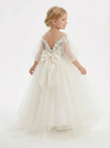 Off-the-Shoulder Puff-Sleeve Flower Girl Gown Floor-Length A-Line Tulle Dress with 3D Lace Appliqués Oversized Bow & Train for Wedding Ceremonies