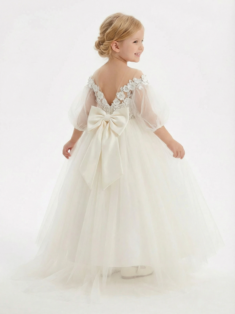 Off-the-Shoulder Puff-Sleeve Flower Girl Gown Floor-Length A-Line Tulle Dress with 3D Lace Appliqués Oversized Bow & Train for Wedding Ceremonies