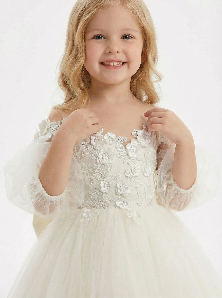 Off-the-Shoulder Puff-Sleeve Flower Girl Gown Floor-Length A-Line Tulle Dress with 3D Lace Appliqués Oversized Bow & Train for Wedding Ceremonies