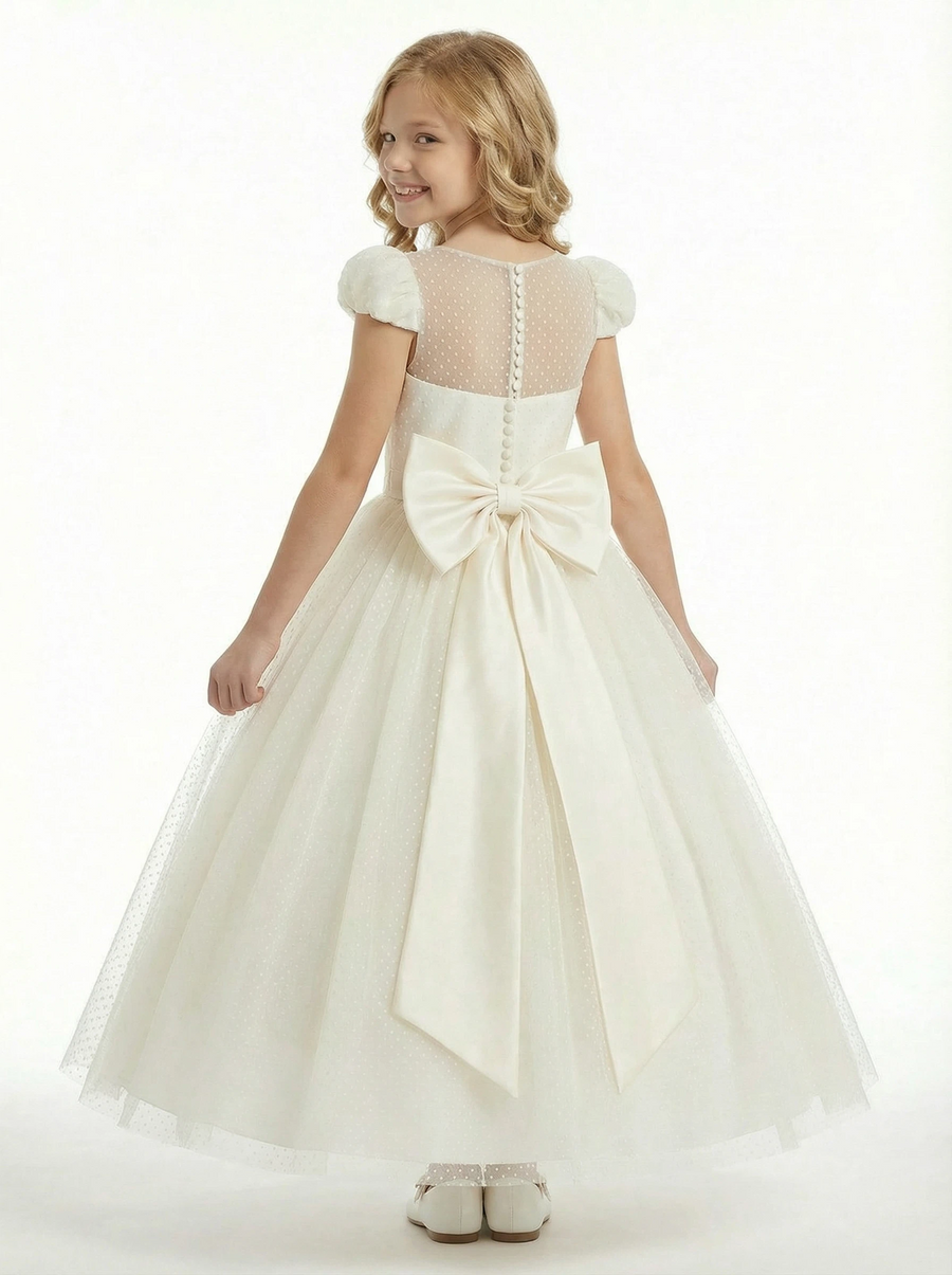 Sweetheart-Neck Puff-Sleeve Flower Girl Dress A-Line Polka-Dot Tulle Gown with Back Bow & Button Detail for Weddings & Formal Occasions