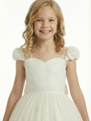 Sweetheart-Neck Puff-Sleeve Flower Girl Dress A-Line Polka-Dot Tulle Gown with Back Bow & Button Detail for Weddings & Formal Occasions