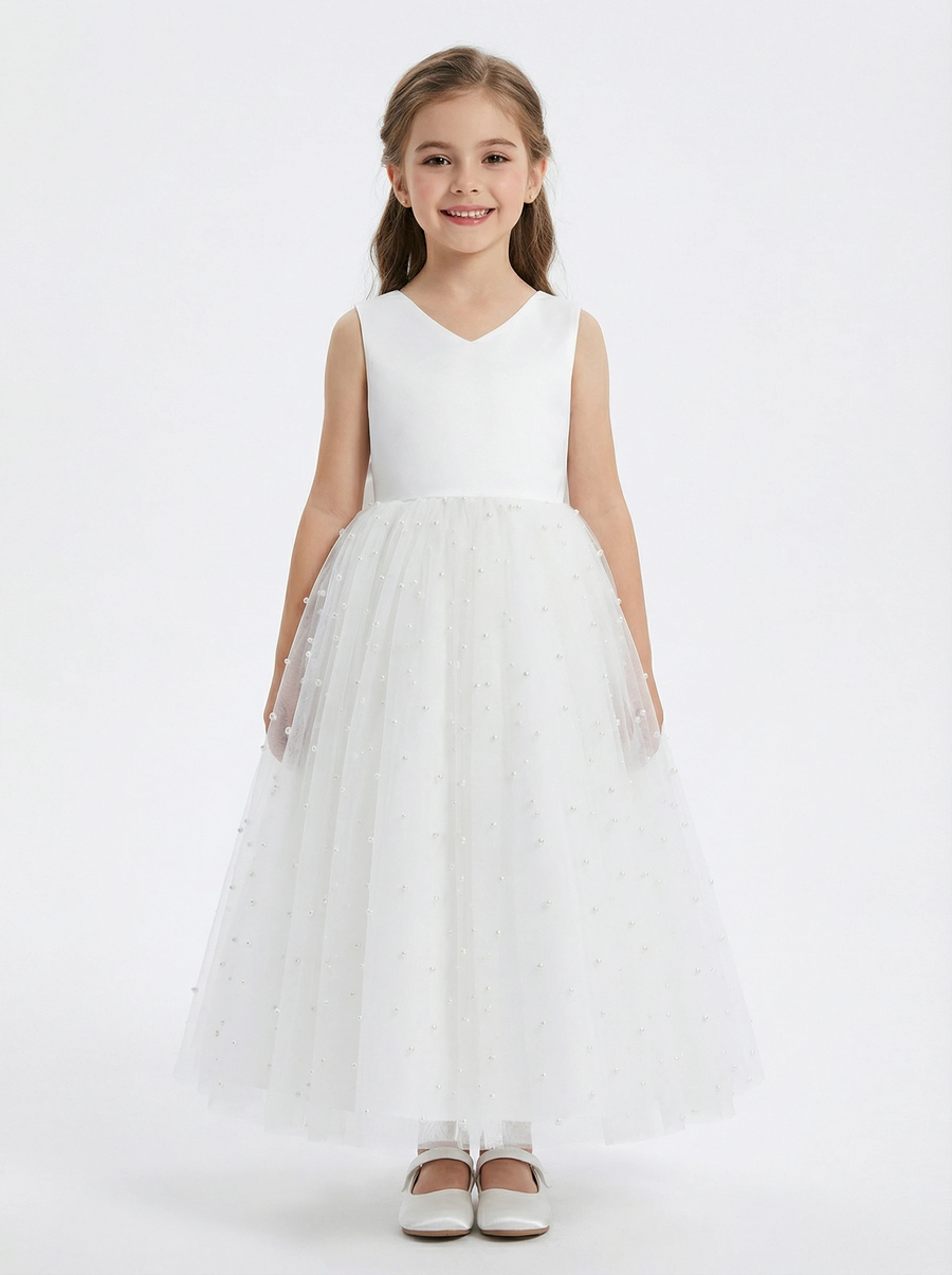 Sleeveless V-Neck Flower Girl Dress Tulle Gown with Pearl Embellishments Satin Back Bow & Satin Bodice for Wedding Events