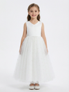 Sleeveless V-Neck Flower Girl Dress Tulle Gown with Pearl Embellishments Satin Back Bow & Satin Bodice for Wedding Events