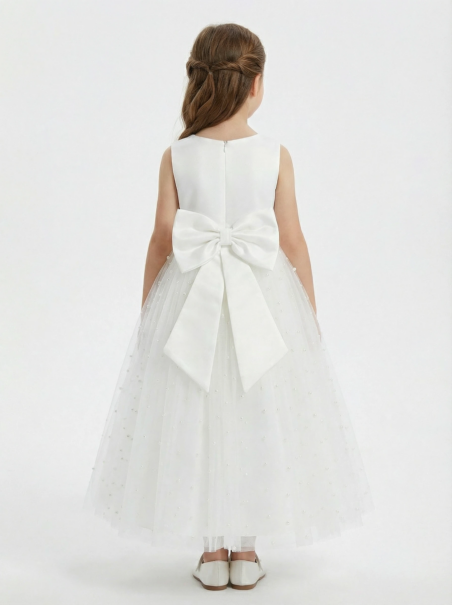 Sleeveless V-Neck Flower Girl Dress Tulle Gown with Pearl Embellishments Satin Back Bow & Satin Bodice for Wedding Events