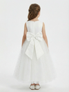 Sleeveless V-Neck Flower Girl Dress Tulle Gown with Pearl Embellishments Satin Back Bow & Satin Bodice for Wedding Events