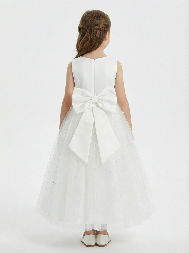 Sleeveless V-Neck Flower Girl Dress Tulle Gown with Pearl Embellishments Satin Back Bow & Satin Bodice for Wedding Events