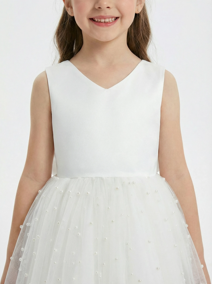 Sleeveless V-Neck Flower Girl Dress Tulle Gown with Pearl Embellishments Satin Back Bow & Satin Bodice for Wedding Events