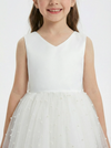 Sleeveless V-Neck Flower Girl Dress Tulle Gown with Pearl Embellishments Satin Back Bow & Satin Bodice for Wedding Events