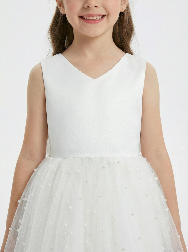 Sleeveless V-Neck Flower Girl Dress Tulle Gown with Pearl Embellishments Satin Back Bow & Satin Bodice for Wedding Events