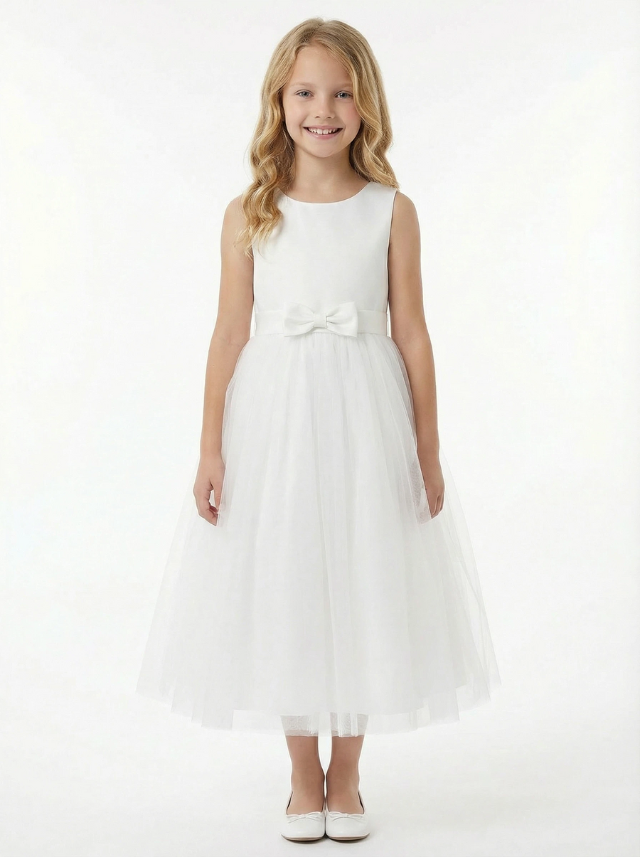 Sleeveless Round-Neck Flower Girl Gown A-Line Tulle Dress with Satin Bodice Waist Bow & Lightweight Tulle Skirt for Wedding Celebrations