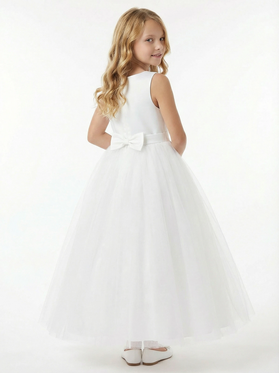 Sleeveless Round-Neck Flower Girl Gown A-Line Tulle Dress with Satin Bodice Waist Bow & Lightweight Tulle Skirt for Wedding Celebrations