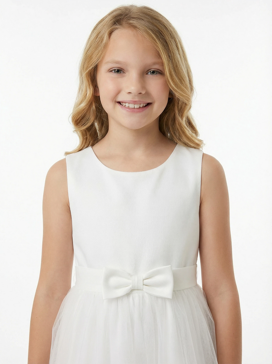 Sleeveless Round-Neck Flower Girl Gown A-Line Tulle Dress with Satin Bodice Waist Bow & Lightweight Tulle Skirt for Wedding Celebrations