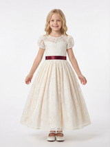 Short Puff-Sleeve Round-Neck Flower Girl Dress Lace Gown with Satin Waist Bow & Intricate Lace Overlay for Wedding & Formal Gatherings