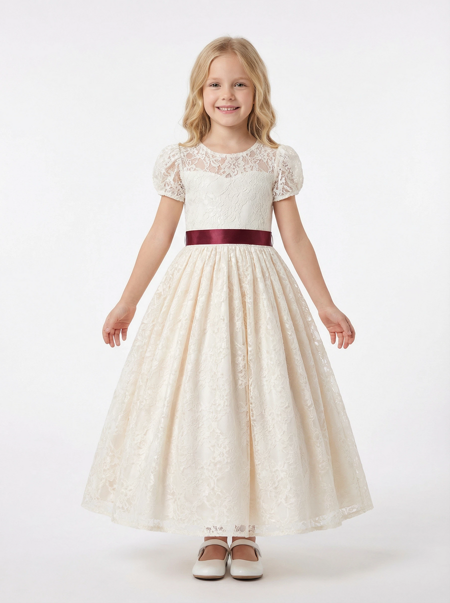 Short Puff-Sleeve Round-Neck Flower Girl Dress Lace Gown with Satin Waist Bow & Intricate Lace Overlay for Wedding & Formal Gatherings