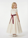 Short Puff-Sleeve Round-Neck Flower Girl Dress Lace Gown with Satin Waist Bow & Intricate Lace Overlay for Wedding & Formal Gatherings