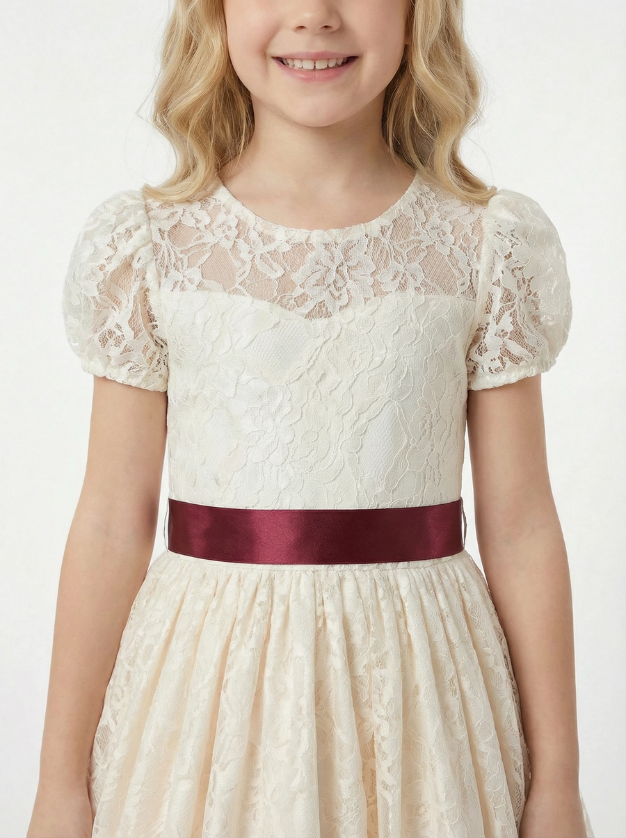 Short Puff-Sleeve Round-Neck Flower Girl Dress Lace Gown with Satin Waist Bow & Intricate Lace Overlay for Wedding & Formal Gatherings