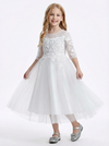 Three-Quarter Sleeve Illusion-Neck Flower Girl Gown Tulle Dress with Intricate Lace Embroidery for Weddings & Formal Occasions