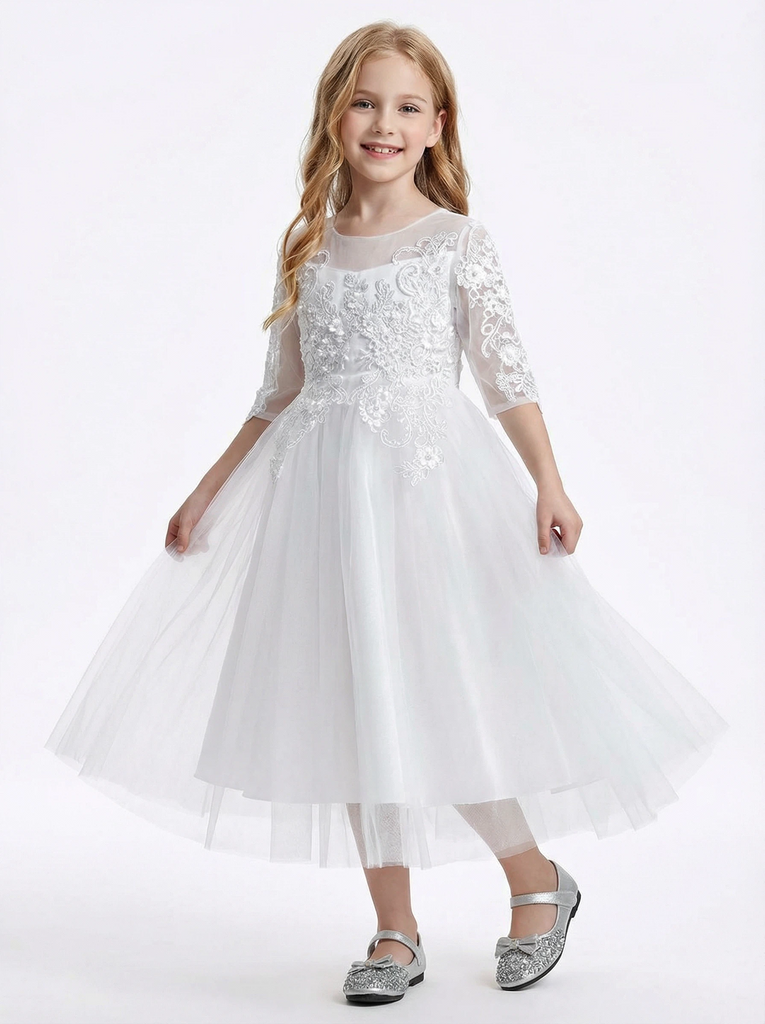 Three-Quarter Sleeve Illusion-Neck Flower Girl Gown Tulle Dress with Intricate Lace Embroidery for Weddings & Formal Occasions