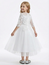 Three-Quarter Sleeve Illusion-Neck Flower Girl Gown Tulle Dress with Intricate Lace Embroidery for Weddings & Formal Occasions
