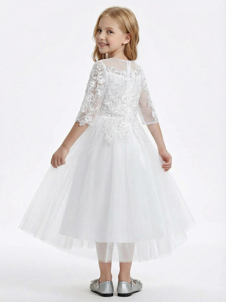 Three-Quarter Sleeve Illusion-Neck Flower Girl Gown Tulle Dress with Intricate Lace Embroidery for Weddings & Formal Occasions
