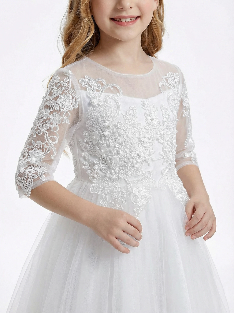 Three-Quarter Sleeve Illusion-Neck Flower Girl Gown Tulle Dress with Intricate Lace Embroidery for Weddings & Formal Occasions