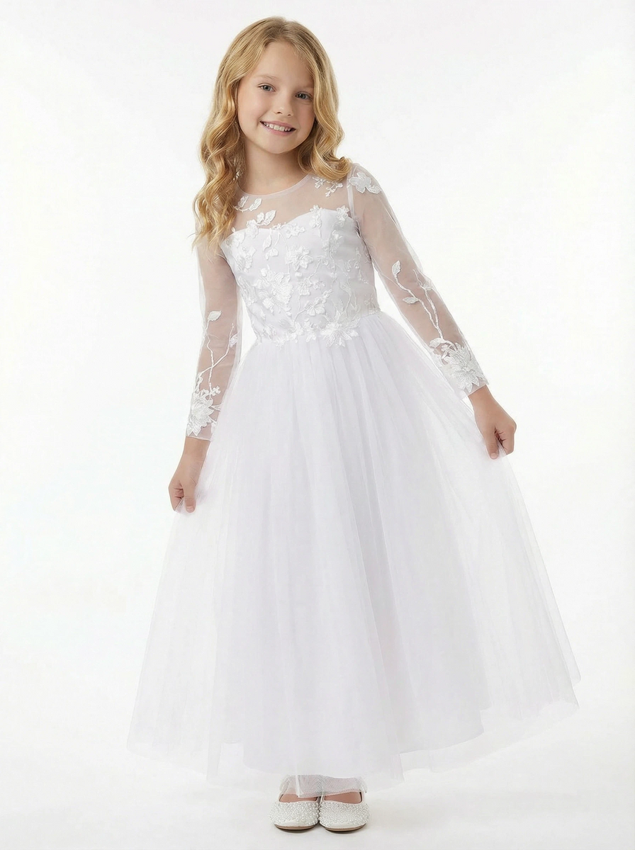 Long-Sleeve Illusion-Neck Flower Girl Gown Tulle Dress with 3D Floral Embroidery & Keyhole Back for Wedding Ceremonies