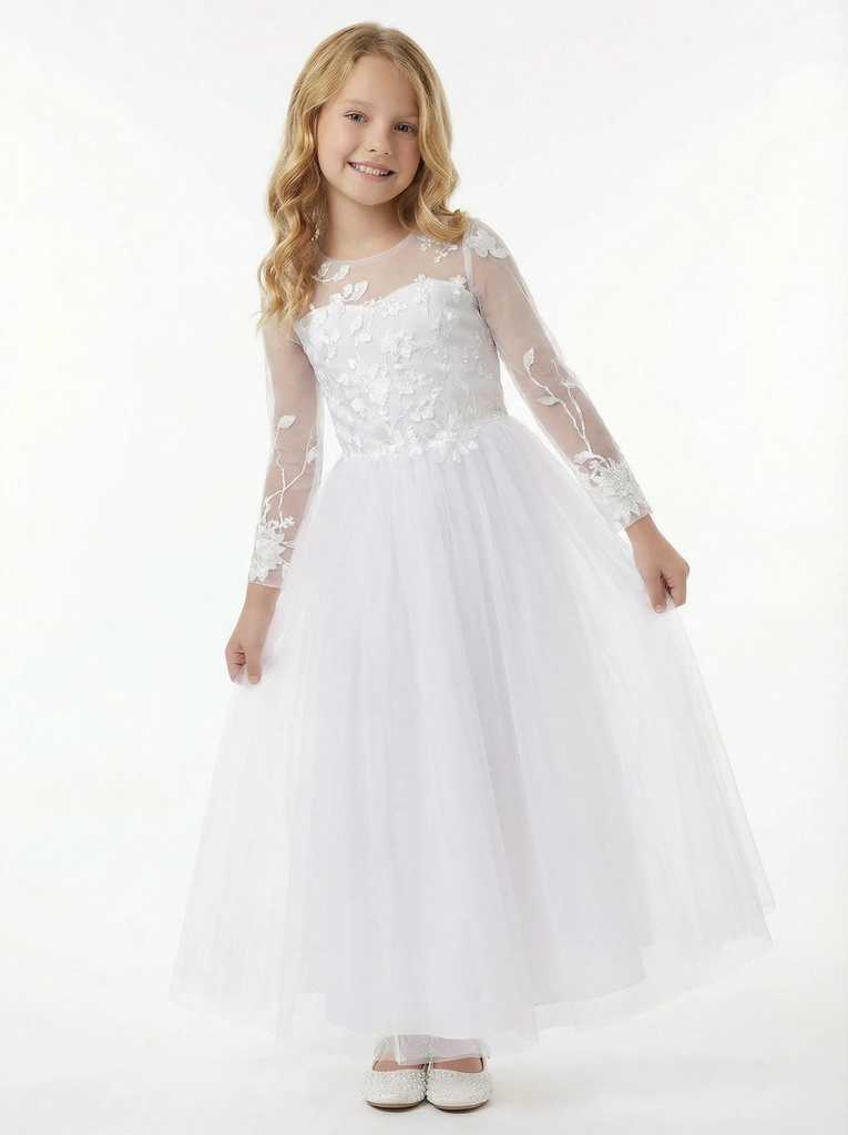 Long-Sleeve Illusion-Neck Flower Girl Gown Tulle Dress with 3D Floral Embroidery & Keyhole Back for Wedding Ceremonies