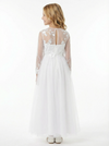 Long-Sleeve Illusion-Neck Flower Girl Gown Tulle Dress with 3D Floral Embroidery & Keyhole Back for Wedding Ceremonies