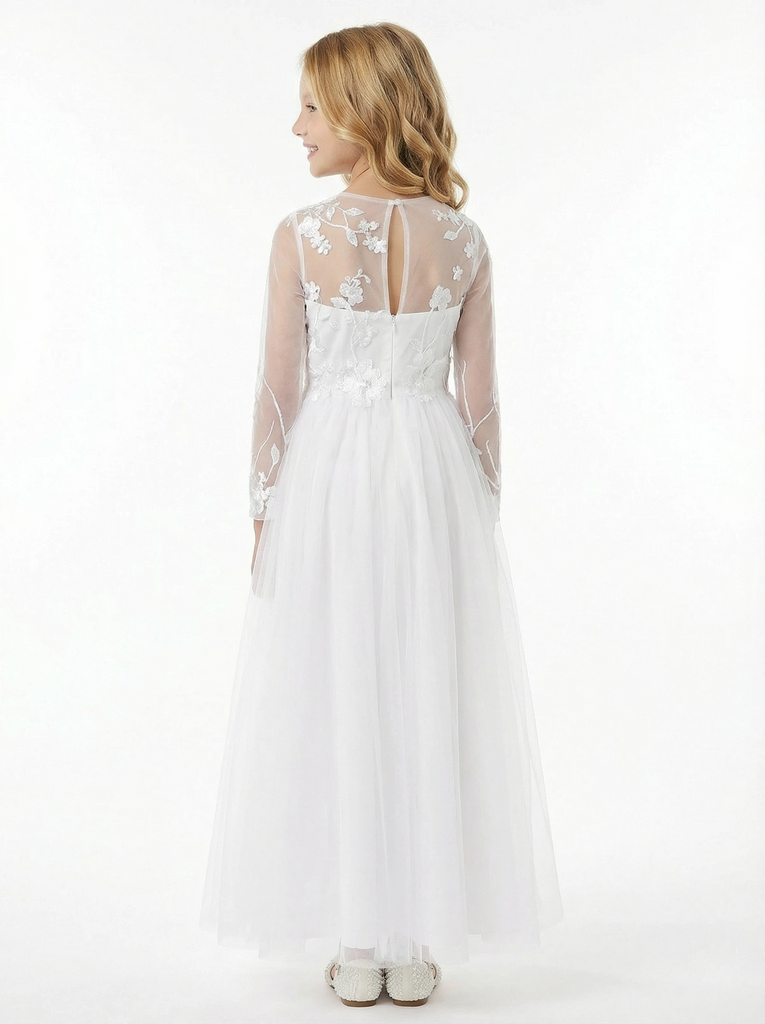 Long-Sleeve Illusion-Neck Flower Girl Gown Tulle Dress with 3D Floral  Embroidery & Keyhole Back for Wedding Ceremonies- ChicSew