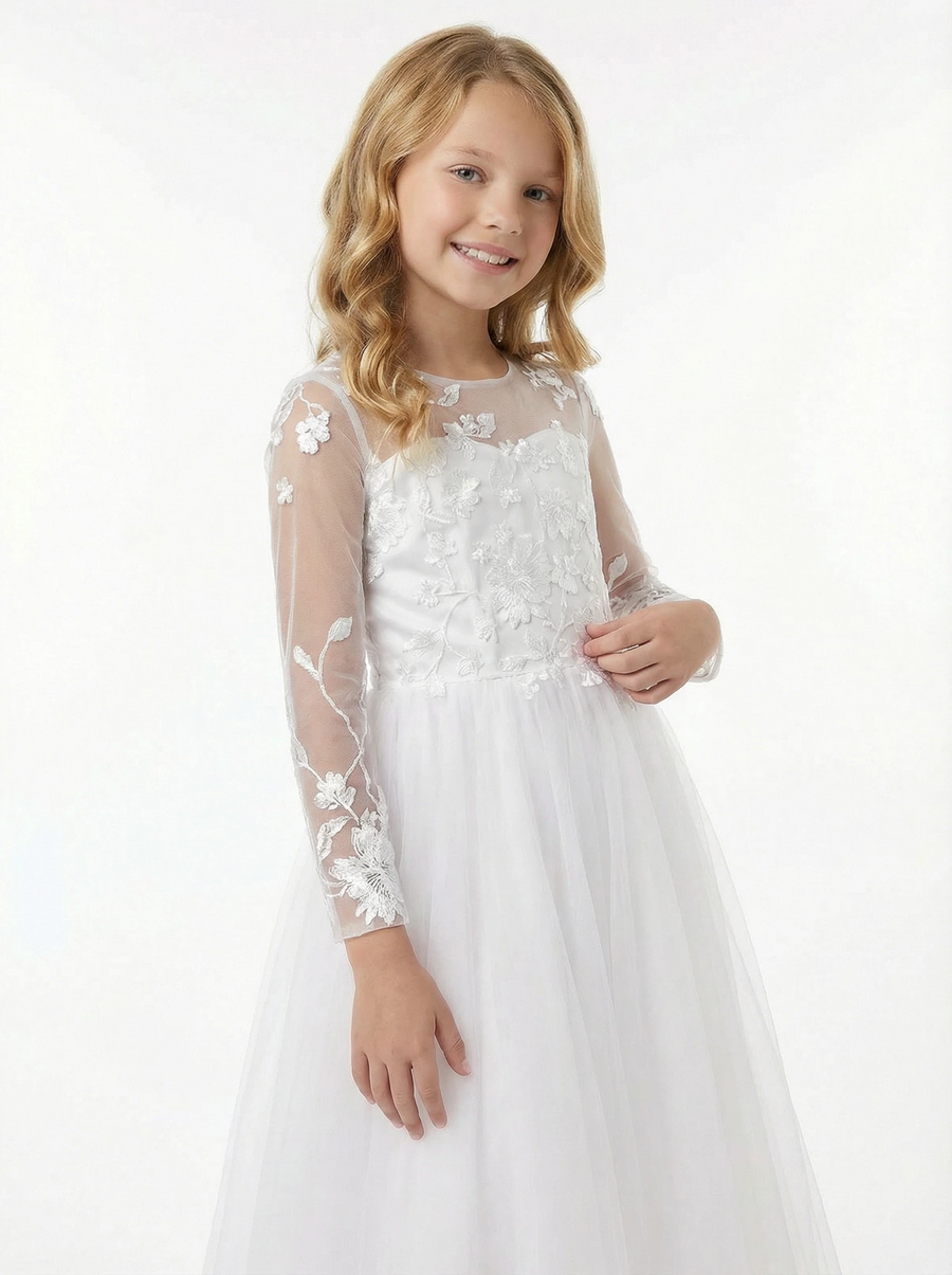 Long-Sleeve Illusion-Neck Flower Girl Gown Tulle Dress with 3D Floral Embroidery & Keyhole Back for Wedding Ceremonies