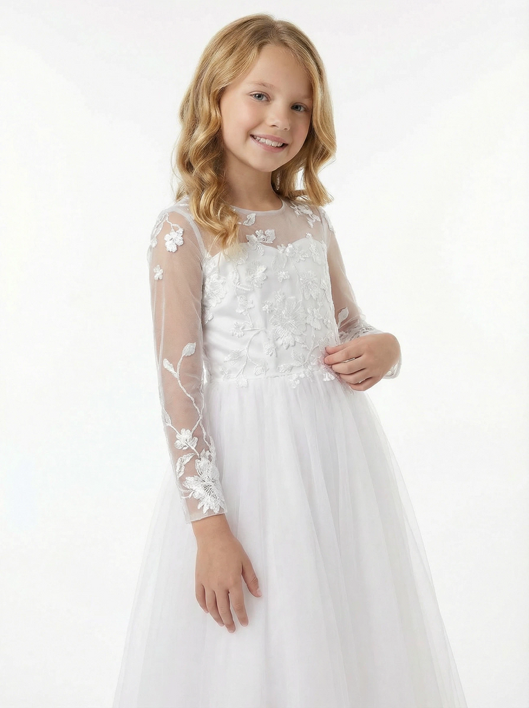 Long-Sleeve Illusion-Neck Flower Girl Gown Tulle Dress with 3D Floral Embroidery & Keyhole Back for Wedding Ceremonies