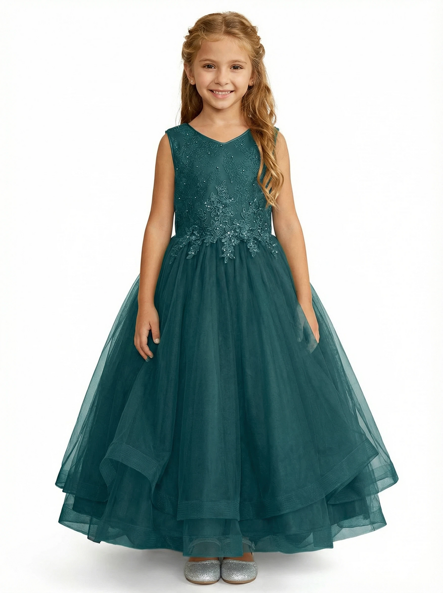 Sleeveless V-Neck Flower Girl Gown Tulle Dress with Beaded Lace Embroidery & Oversized Satin Bow for Formal Events & Weddings