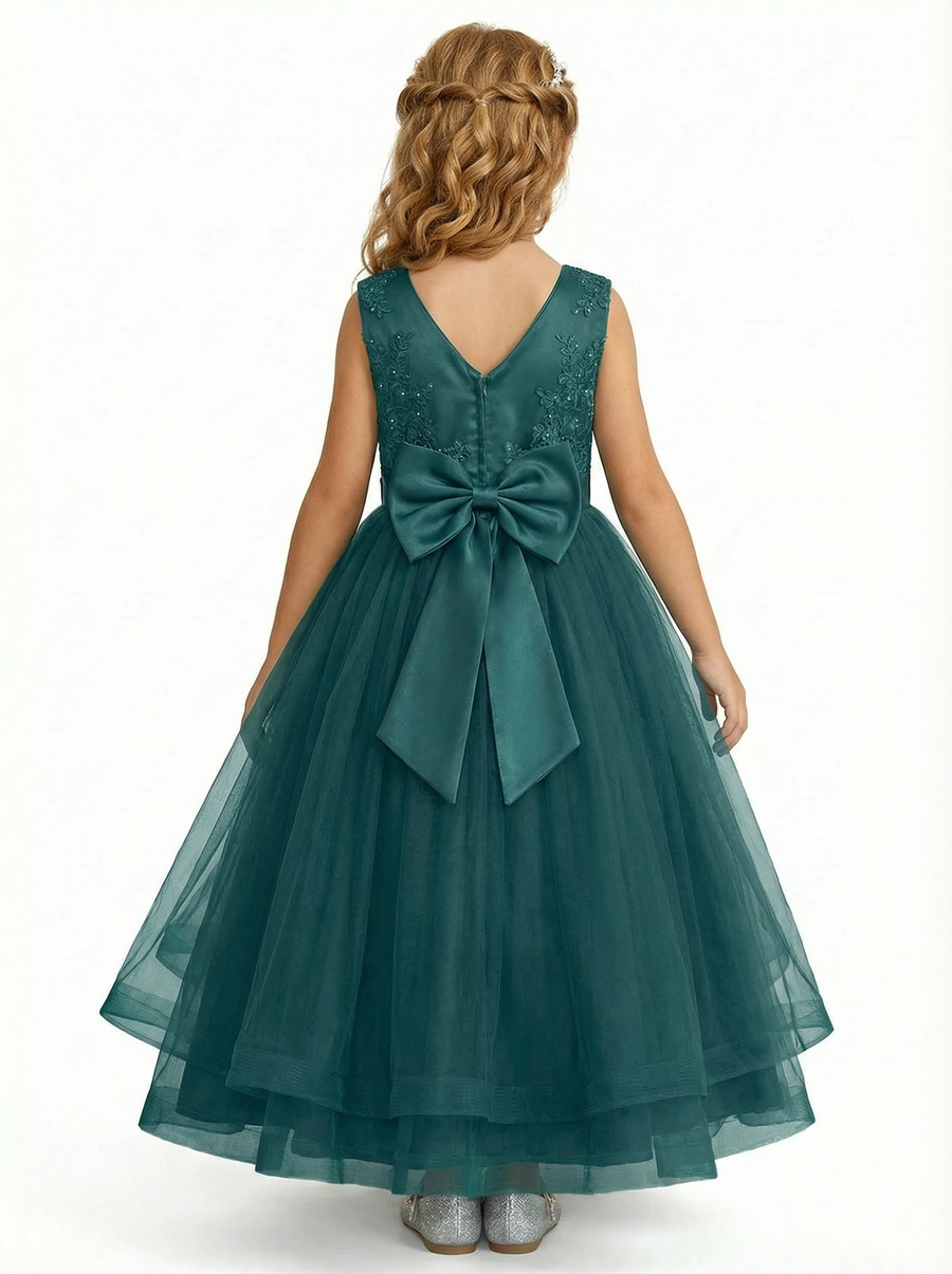 Sleeveless V-Neck Flower Girl Gown Tulle Dress with Beaded Lace Embroidery & Oversized Satin Bow for Formal Events & Weddings