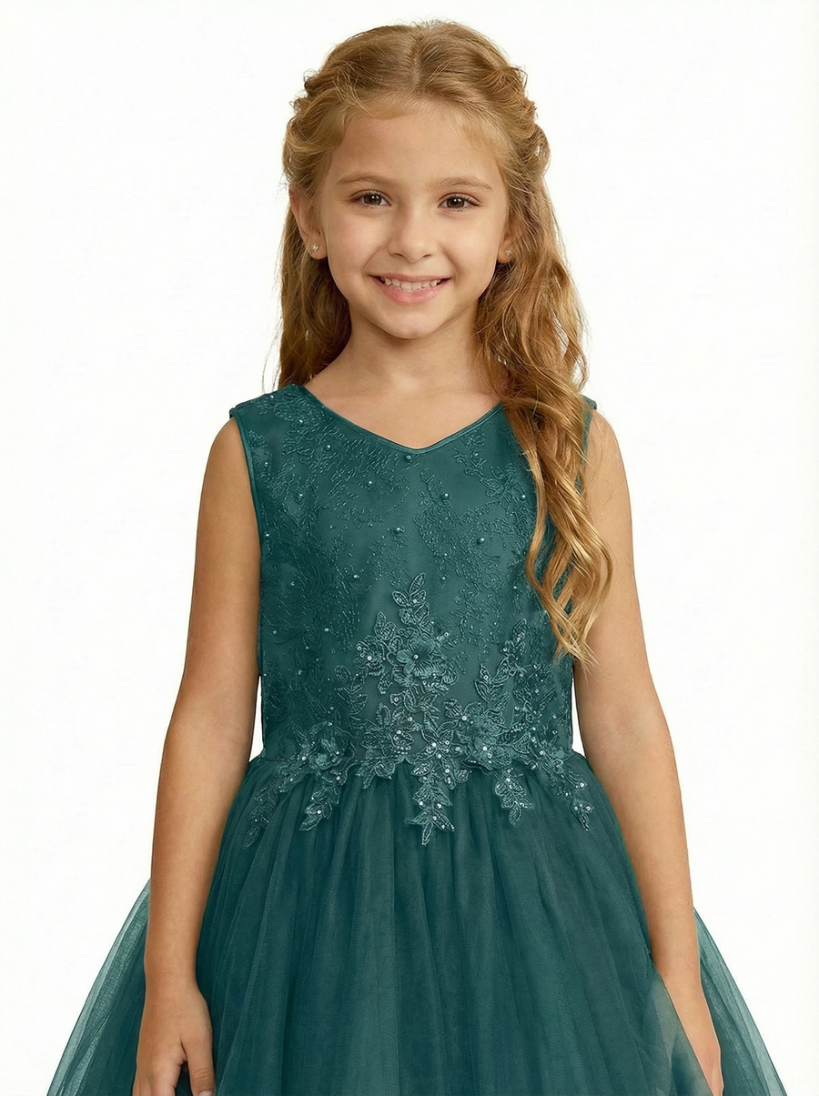 Sleeveless V-Neck Flower Girl Gown Tulle Dress with Beaded Lace Embroidery & Oversized Satin Bow for Formal Events & Weddings